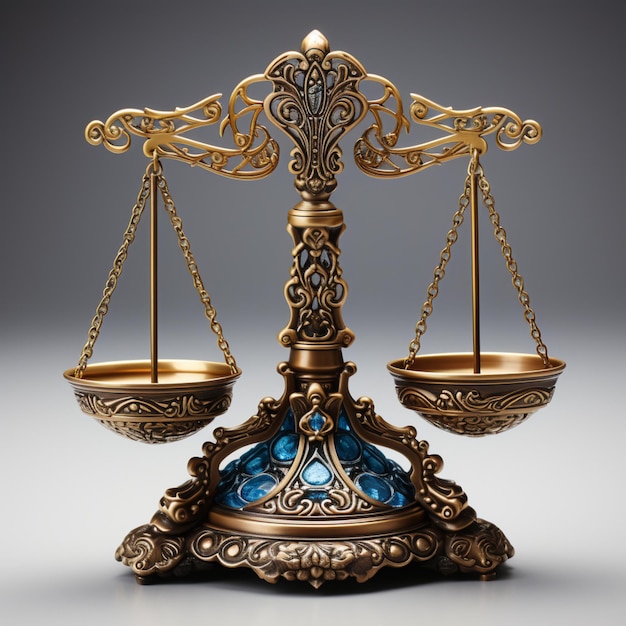 una balanza de metal de la justicia en el estilo de oro y piedras preciosas azules renderización realista concepto legal