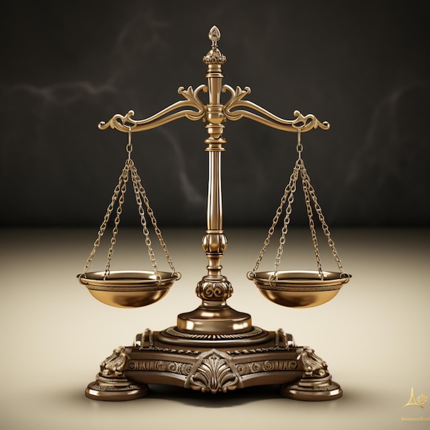 una balanza metálica de justicia al estilo del concepto legal de oro y bronce