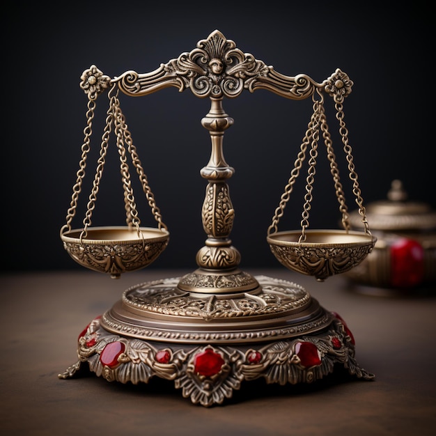 una balanza metálica de justicia al estilo del oro y las piedras preciosas rojas que representan un concepto legal realista