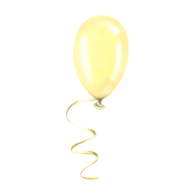 Balão amarelo com fita Ilustração em aquarela mão desenhada Objeto isolado em um fundo branco