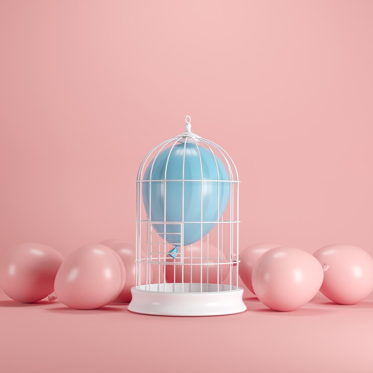 Balão azul que flutua na gaiola branca no fundo do rosa pastel.
