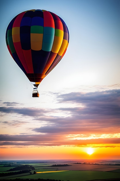 Foto balão colorido de ar quente ao pôr do sol