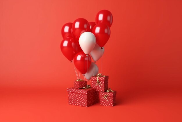 Balão com caixa de presente isolado fundo vermelho ai generativo