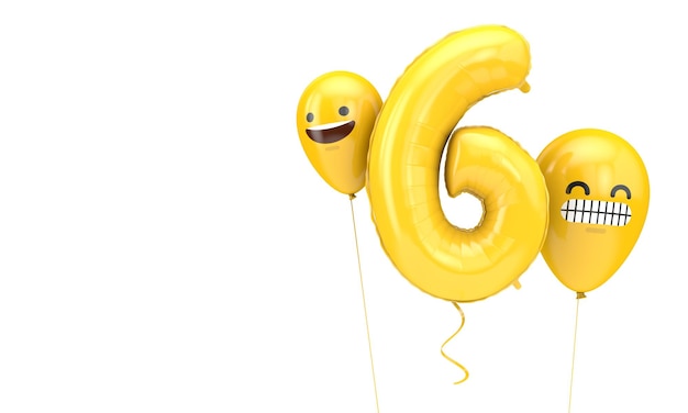 Balão de aniversário número 6 com emoji enfrenta balões 3D Render