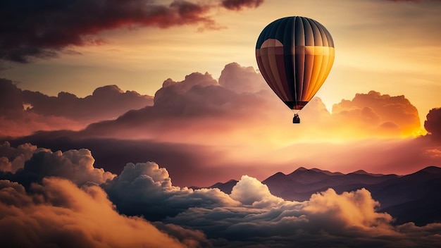 Balão de ar quente alto nas nuvens ao amanhecer do sol laranja Generative AI