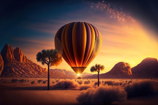 Balão de ar quente ao pôr do sol
