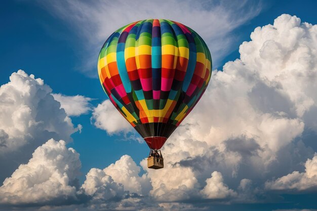 Balão de ar quente colorido flutuando acima das nuvens