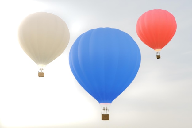 Balão de ar quente da ilustração 3D no fundo do céu. O balão de ar branco, vermelho, azul, verde e amarelo voa no céu.