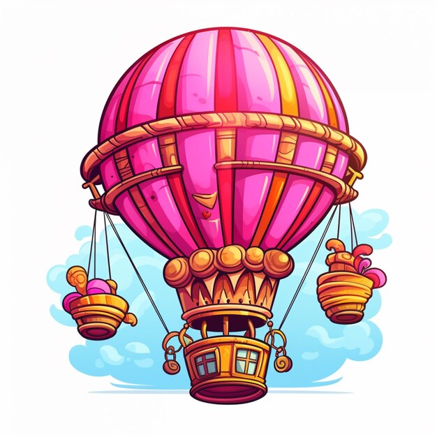 Foto balão de ar quente dos desenhos animados com uma cesta de doces e uma cesta de donuts generative ai