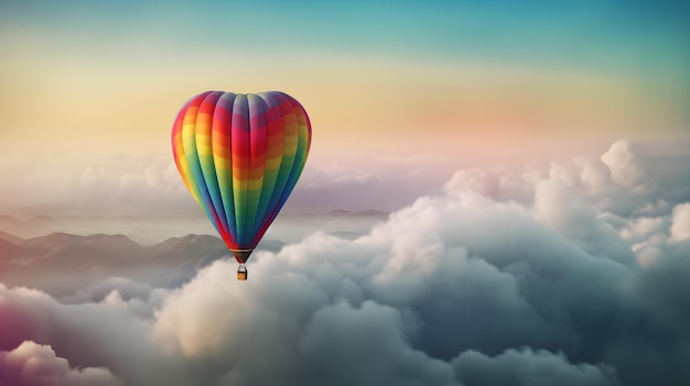 Balão de ar quente em forma de coração com cores do arco-íris