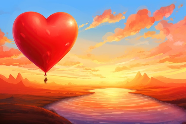 Balão de ar quente em forma de coração vermelho voa para o céu do pôr do sol com nuvens