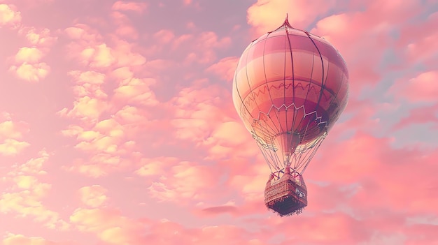 Foto balão de ar quente flutuando no céu com nuvens ao fundo o balão é vermelho e amarelo e o céu é azul claro