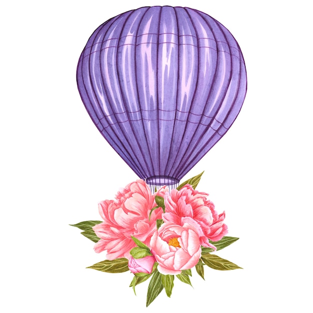 Balão de ar quente roxo aquarela com flores de peônia Ilustração pintada à mão em fundo branco Para estampas de design de tecido ou fundo