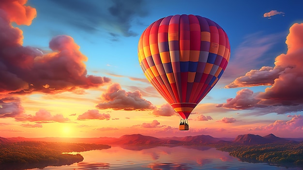 Balão de ar quente sobre o lago ao pôr do sol