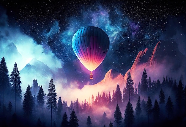 Balão de ar quente sobre uma floresta no fundo do espaço nebulosa