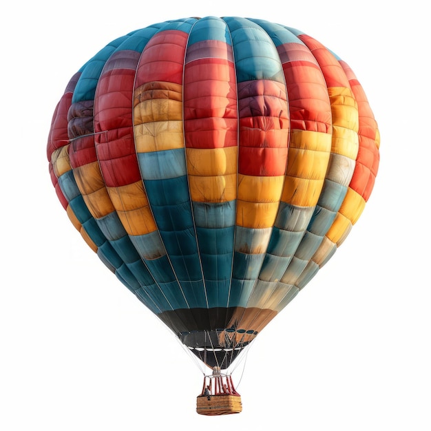 Balão de ar quente vibrante de patchwork voando serenamente no céu claro ao amanhecer criado com tecnologia de IA generativa