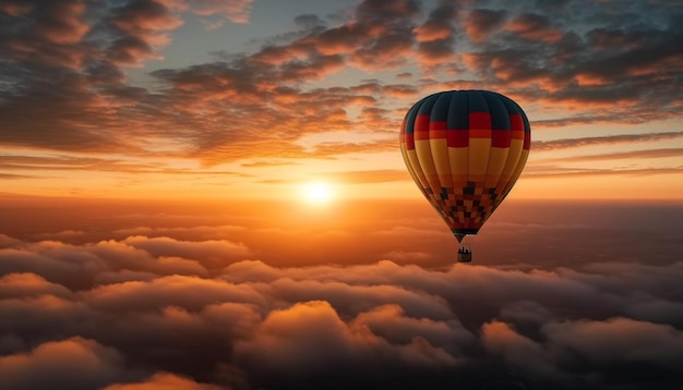 Balão de ar quente voando alto no céu multicolorido gerado pela inteligência artificial