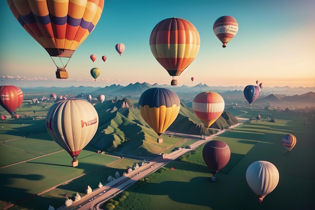 Balão de ar quente voando céu esportes radicais novo projeto de jogo de turismo fundo de papel de parede