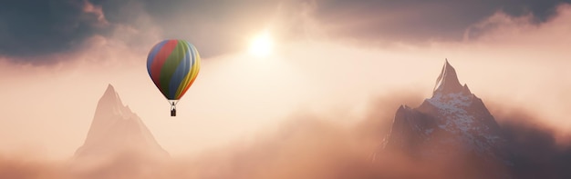 Balão de ar quente voando sobre a dramática paisagem montanhosa coberta de nuvens