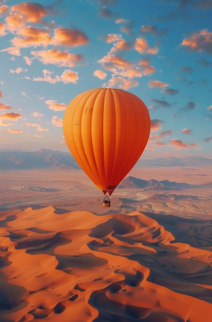 Foto balão de ar quente voando sobre a paisagem do deserto