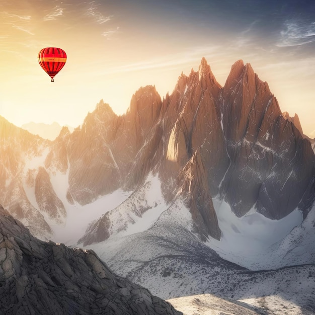 Balão de ar quente voando sobre montanhas nevadas 3D render ilustração