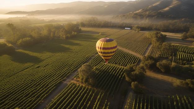 Balão de ar quente voando sobre um vinhedo