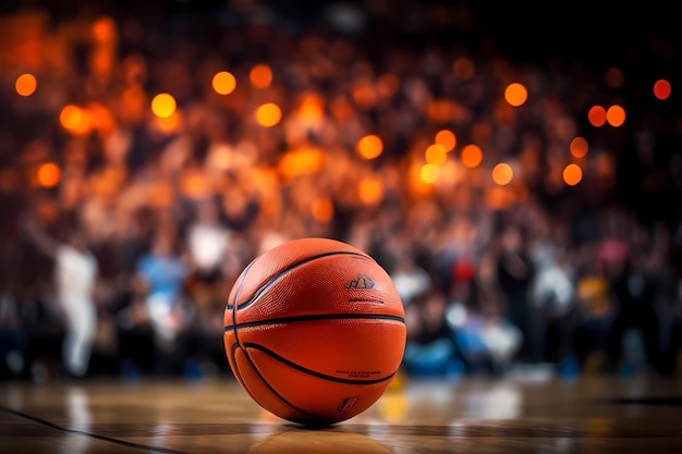 Balão de basquete clássico em movimento na frente de uma cesta em uma arena de basquetebol cheia de pessoas