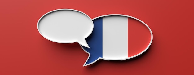 Balão de conversa de bandeira da França e bolha de fala em branco na ilustração 3d de bandeira vermelha
