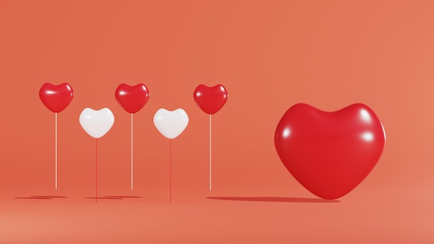 balão de coração vermelho e branco em um fundo laranja Dia dos Namorados renderização 3D