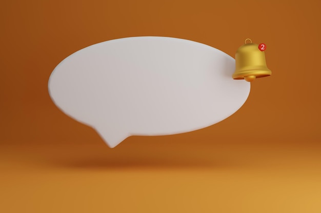Balão de fala branco com um sino sobre a notificação de uma chamada e renderização em 3d por sms em laranja bg
