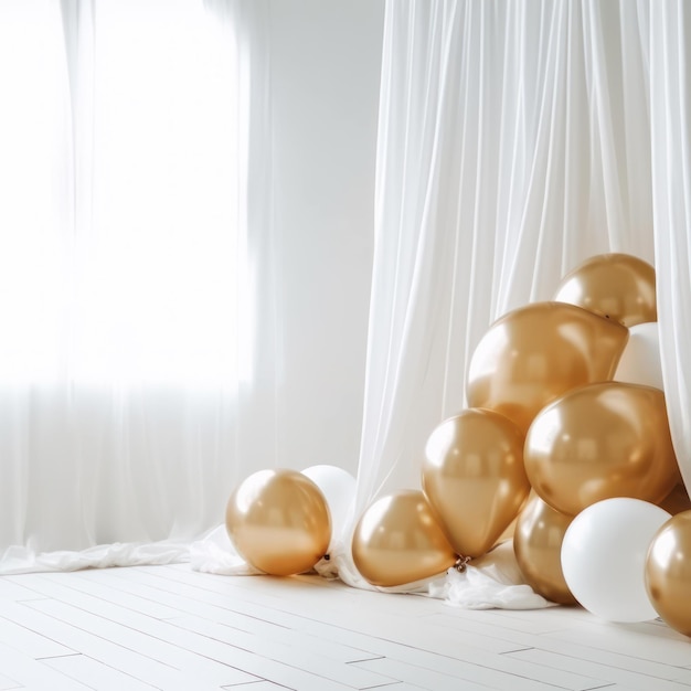 Balão de ouro e branco no quarto branco com fundo de cortina