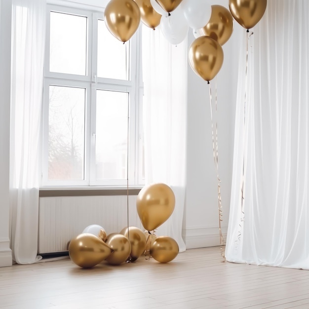 Balão de ouro e branco no quarto branco com fundo de cortina