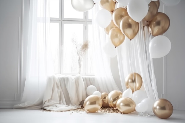 Balão de ouro e branco no quarto branco com fundo de cortina