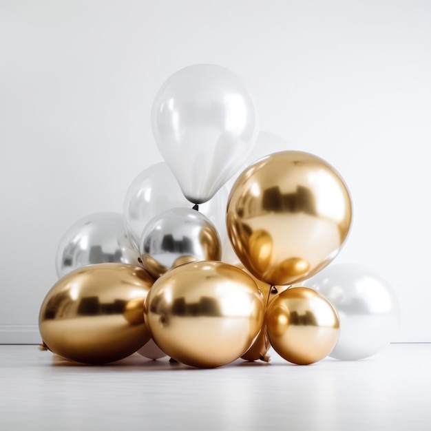 Balão de ouro e branco sobre fundo branco com espaço de cópia