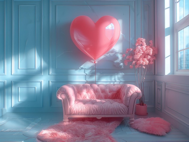 Balão em forma de coração em um conceito de amor de sala minimalista de cores pastel