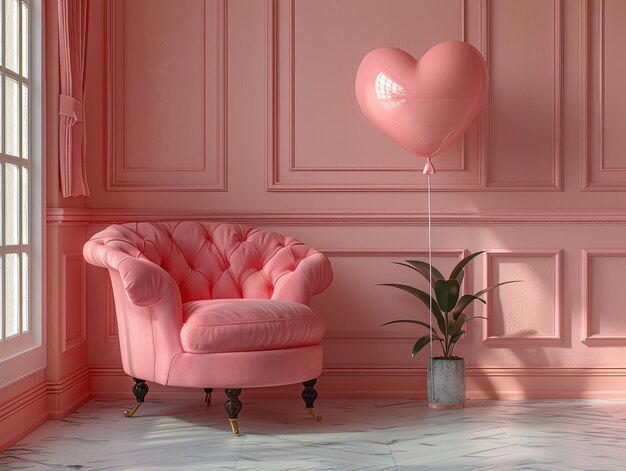 Balão em forma de coração em um conceito de amor de sala minimalista de cores pastel