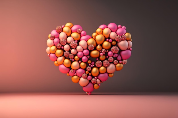 Balão multicolorido Love Heart Pink Orange e Gold Balloons dispostos em forma de coração 3D Render