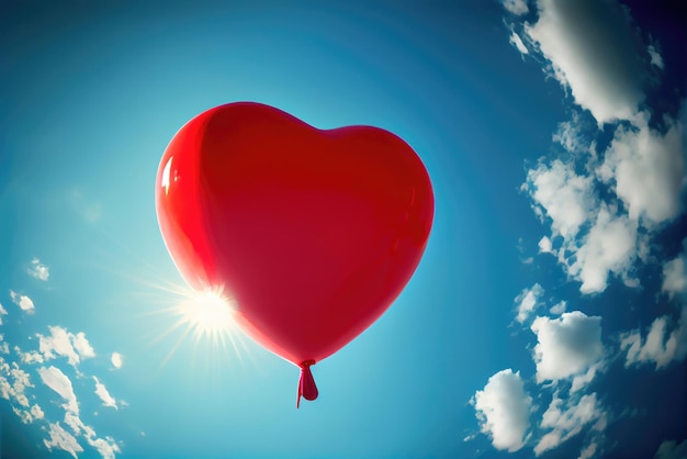 Balão vermelho em forma de coração voando no ar com fundo de céu azul Conceito de dia dos namorados Generative AI