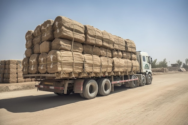 Balas apiladas de materias primas transportadas por camión en la industria minera creadas con IA generativa