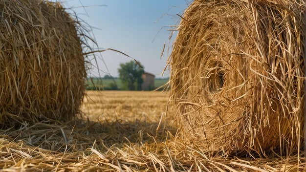 Foto balas de feno douradas em um campo rural com um celeiro longe