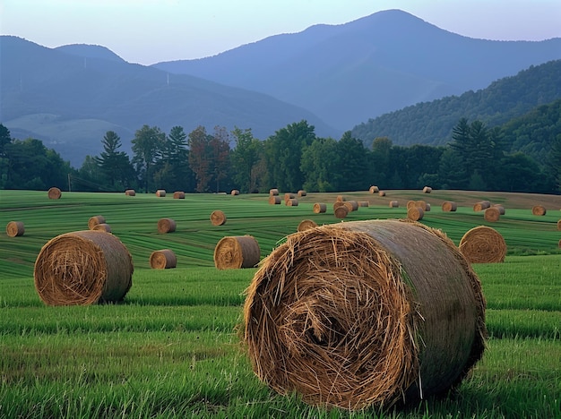 Balas de feno num campo com montanhas