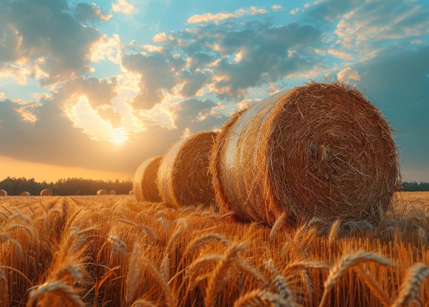 Balas de heno en el campo al atardecer