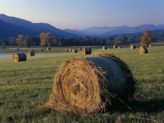 Balas de heno en un campo con montañas