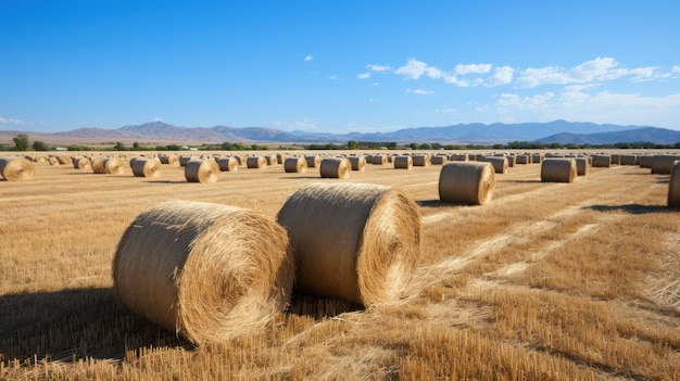 Balas de heno cosechando en el campo del cielo azul