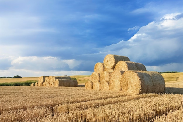 Balas de paja en tierras de cultivo con cielo nublado azul