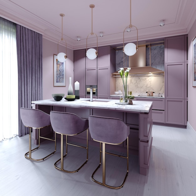 Balcão de cozinha com três cadeiras em cor lilás em estilo moderno e moderno de interior. renderização 3D.