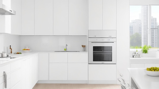 Balcão de cozinha moderno de renderização 3D com design branco e bege