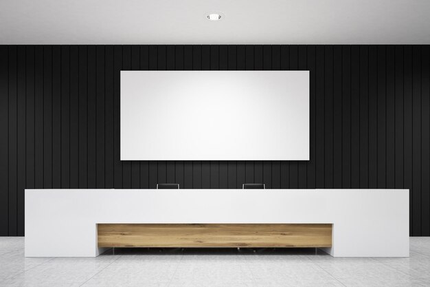 Foto balcão de recepção branco com um elemento de madeira encostado a uma parede preta com um pôster pendurado acima dele. renderização 3d. brincar.