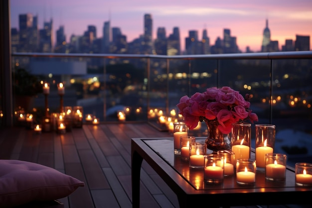 Balcão do horizonte da cidade adornado com velas da noite namoro e proposta de amor imagem
