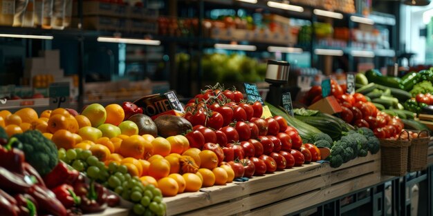 Foto balcões com vegetais e frutas num supermercado ia generativa